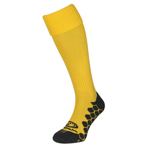 Single yellow Classico football sock, side view with black hexagonal grip sole on white - Optimum