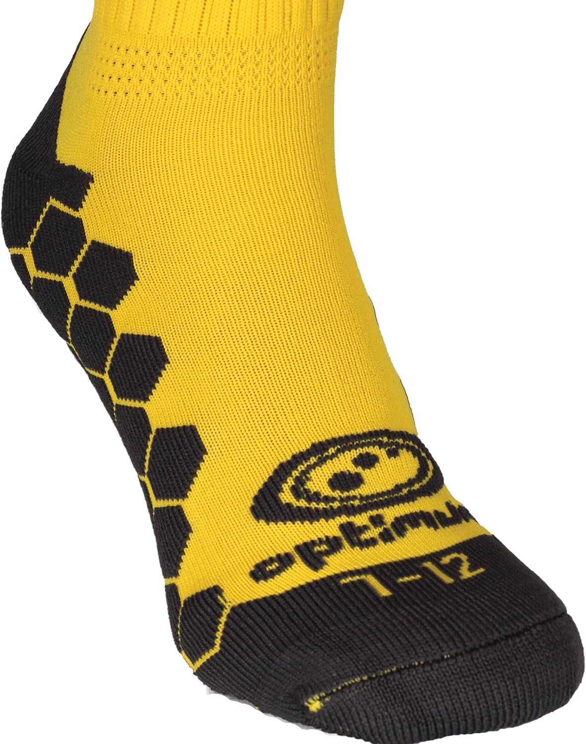 Close-up of yellow Classico sock black grip sole with Optimum logo and 7-12 size - Optimum