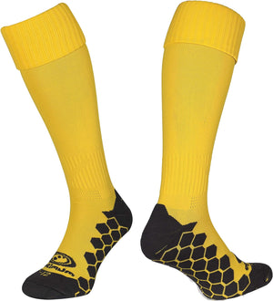 Pair of yellow Classico football socks with black hexagonal grip soles on white - Optimum