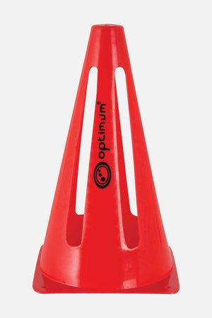 Single red Optimum collapsible training marker cone with black logo, upright on white - Optimum