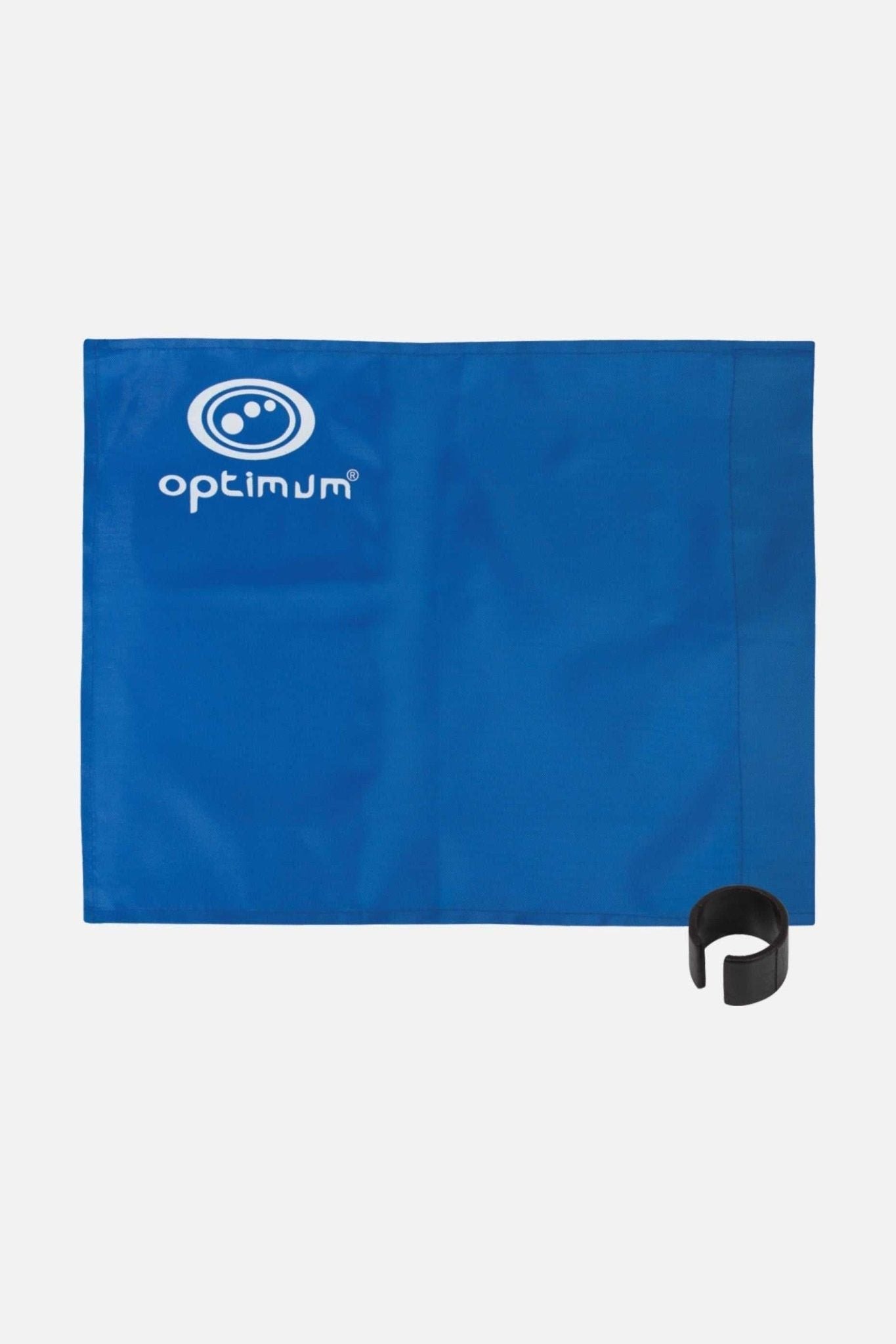 Blue Optimum corner flag with white logo and single black clip collar on white - Optimum