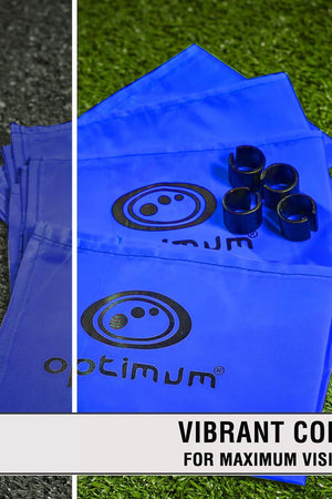 Close-up of blue Optimum corner flags with white logos and black clips on grass - Optimum
