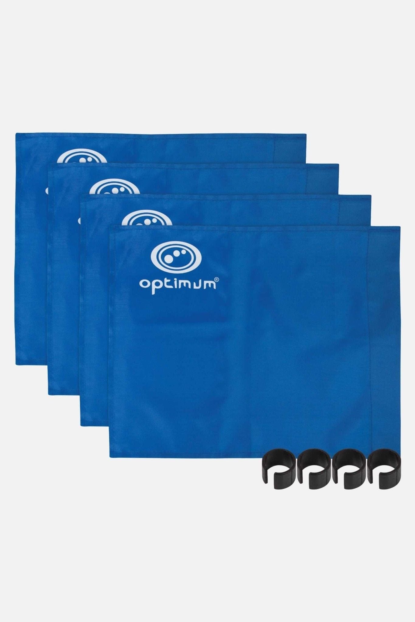 Four blue Optimum corner flags with white logo and four black clip collars on white - Optimum