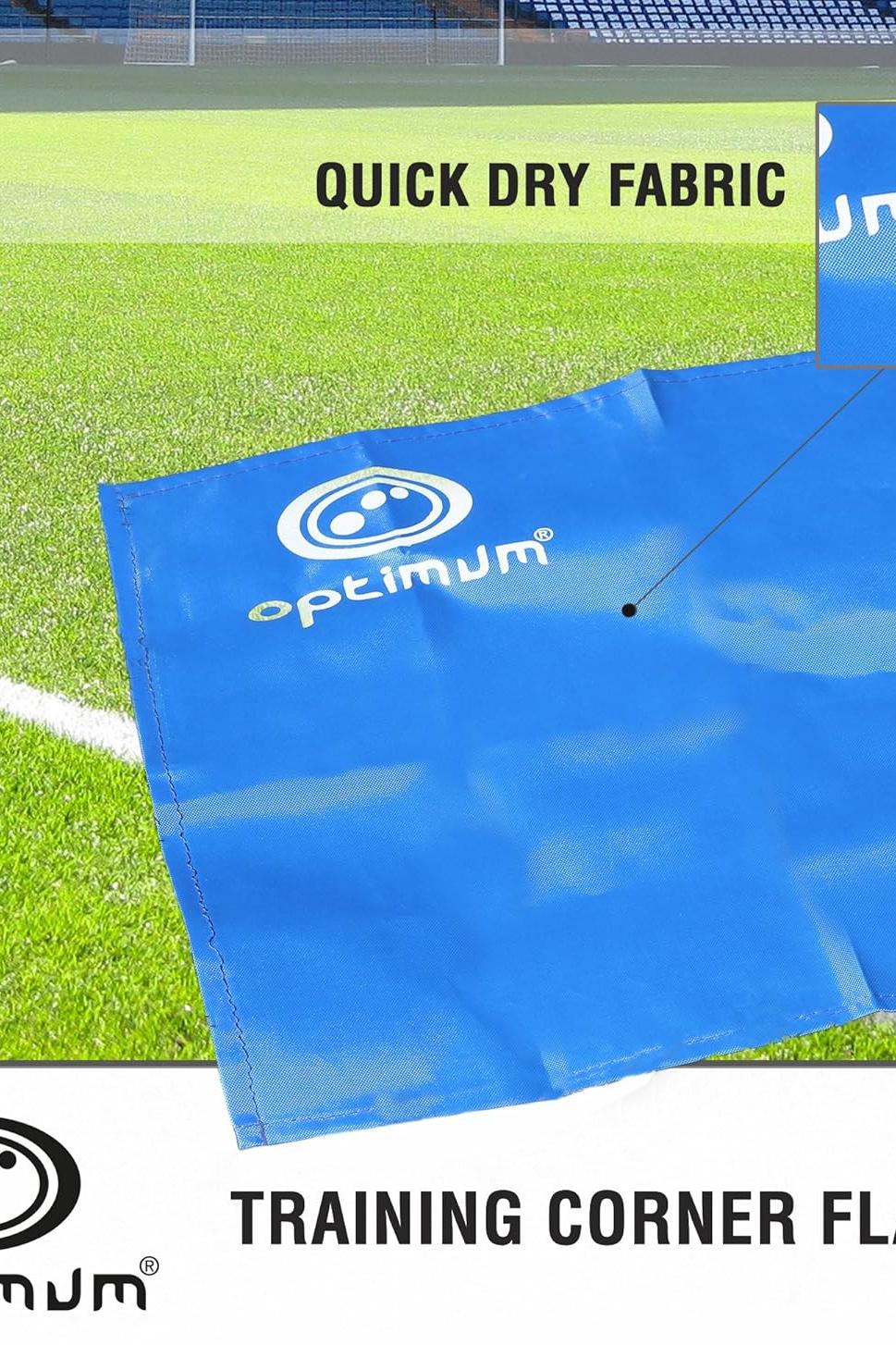 Blue Optimum corner flag with white logo on a grass pitch, Training Corner Flag text overlay - Optimum