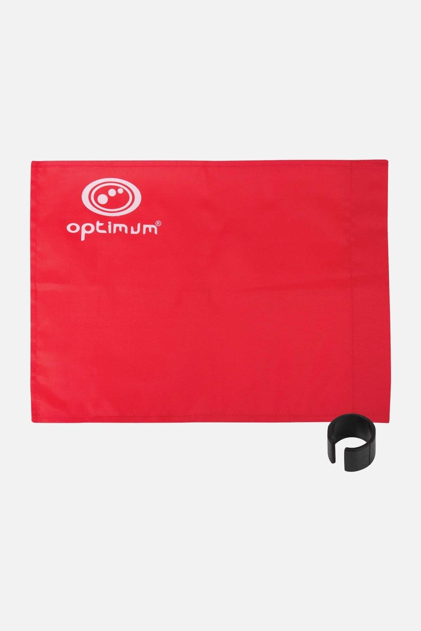 Red Optimum corner flag with white logo and single black clip collar on white - Optimum