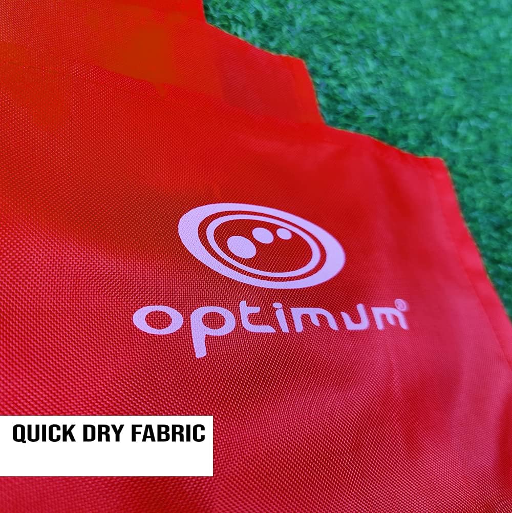 Close-up of red Optimum corner flag fabric with white logo on grass, Quick Dry Fabric text - Optimum