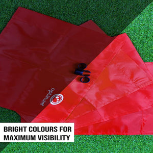 Red Optimum corner flags with black clips on grass, Bright Colours for Maximum Visibility text - Optimum
