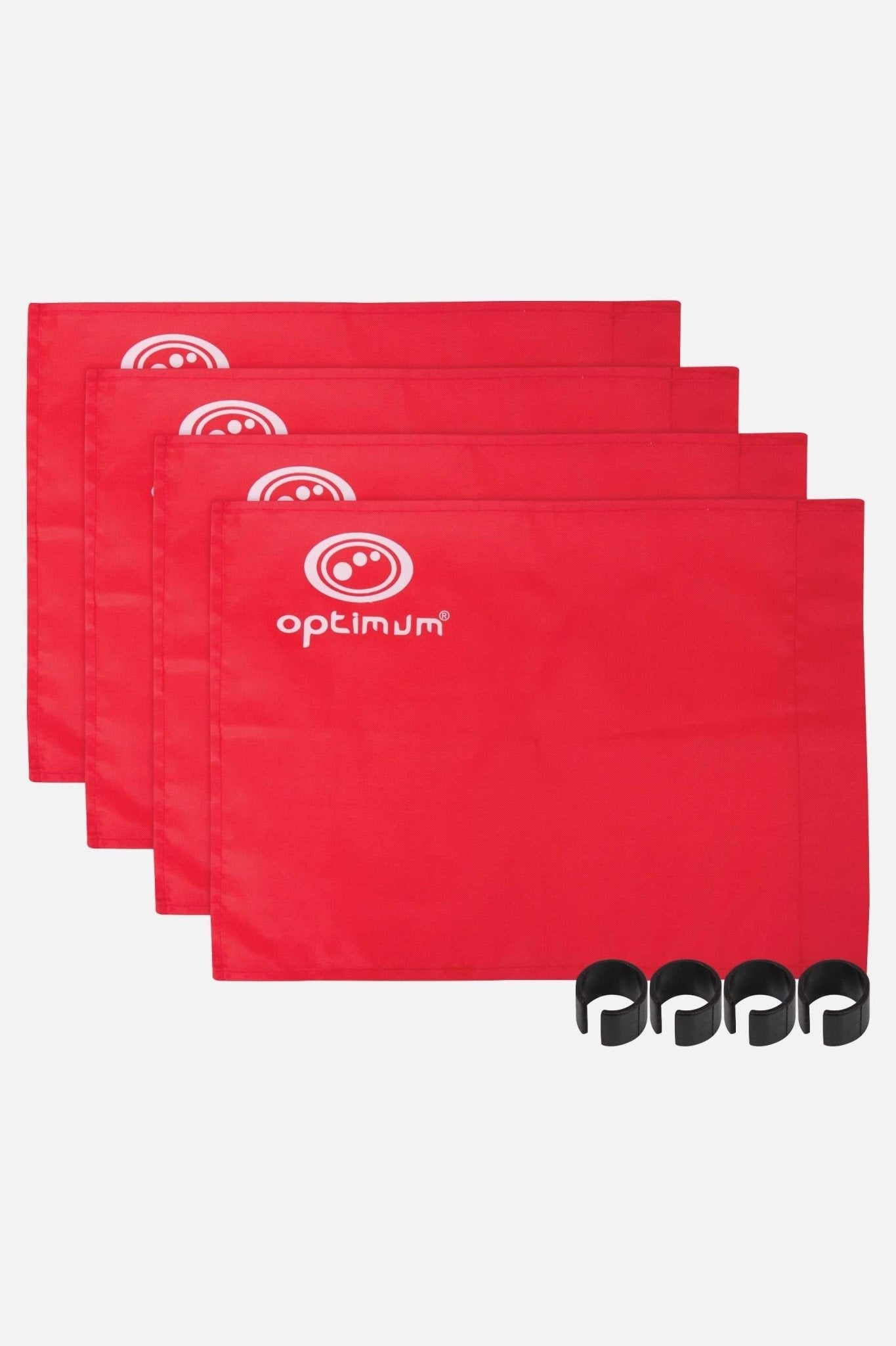 Four red Optimum corner flags with white logo and four black clip collars on white - Optimum