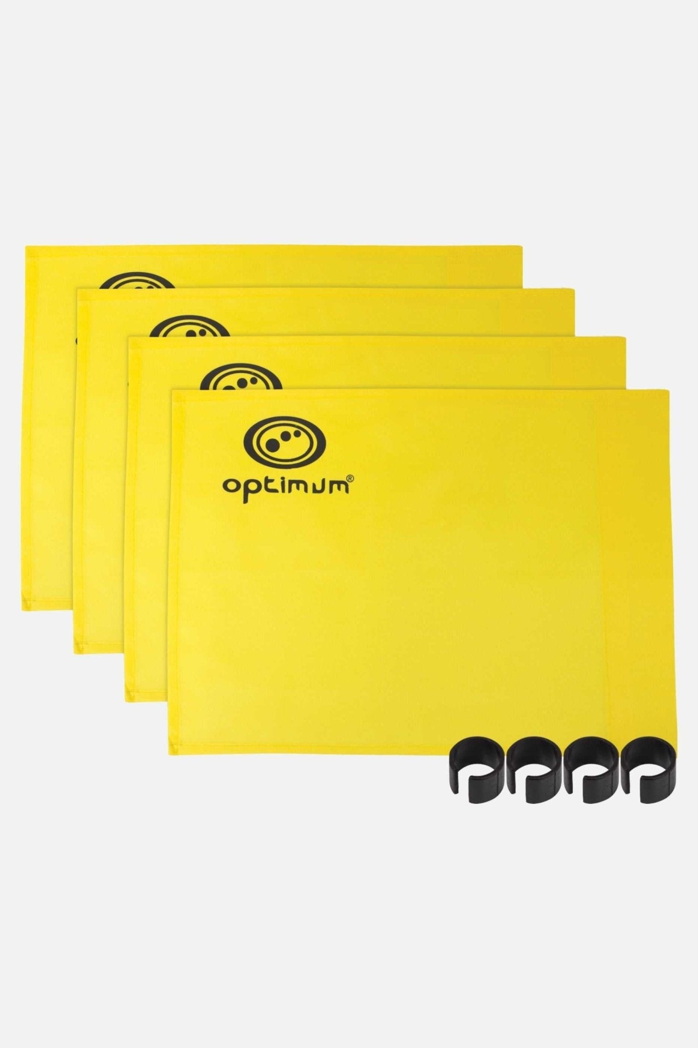 Four yellow Optimum corner flags with black logo print and four black clip collars on white - Optimum