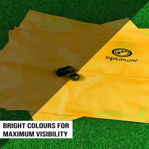 Yellow Optimum corner flags with black logo on grass, Bright Colours for Maximum Visibility text - Optimum