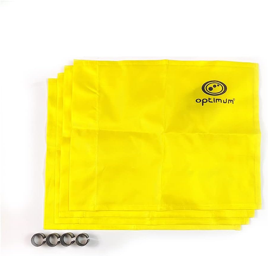 Four yellow Optimum corner flags with black logo and four metal eyelet clips on white - Optimum