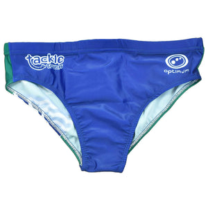 Blue Optimum Cumbria tackle trunks with Tackle Trunks and Optimum logos and green side panel, flat lay - Optimum