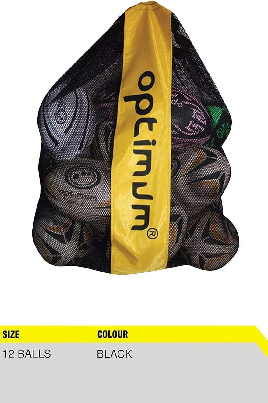 Black mesh Optimum ball carrier of rugby balls with size chart showing 12-ball capacity, black - Optimum