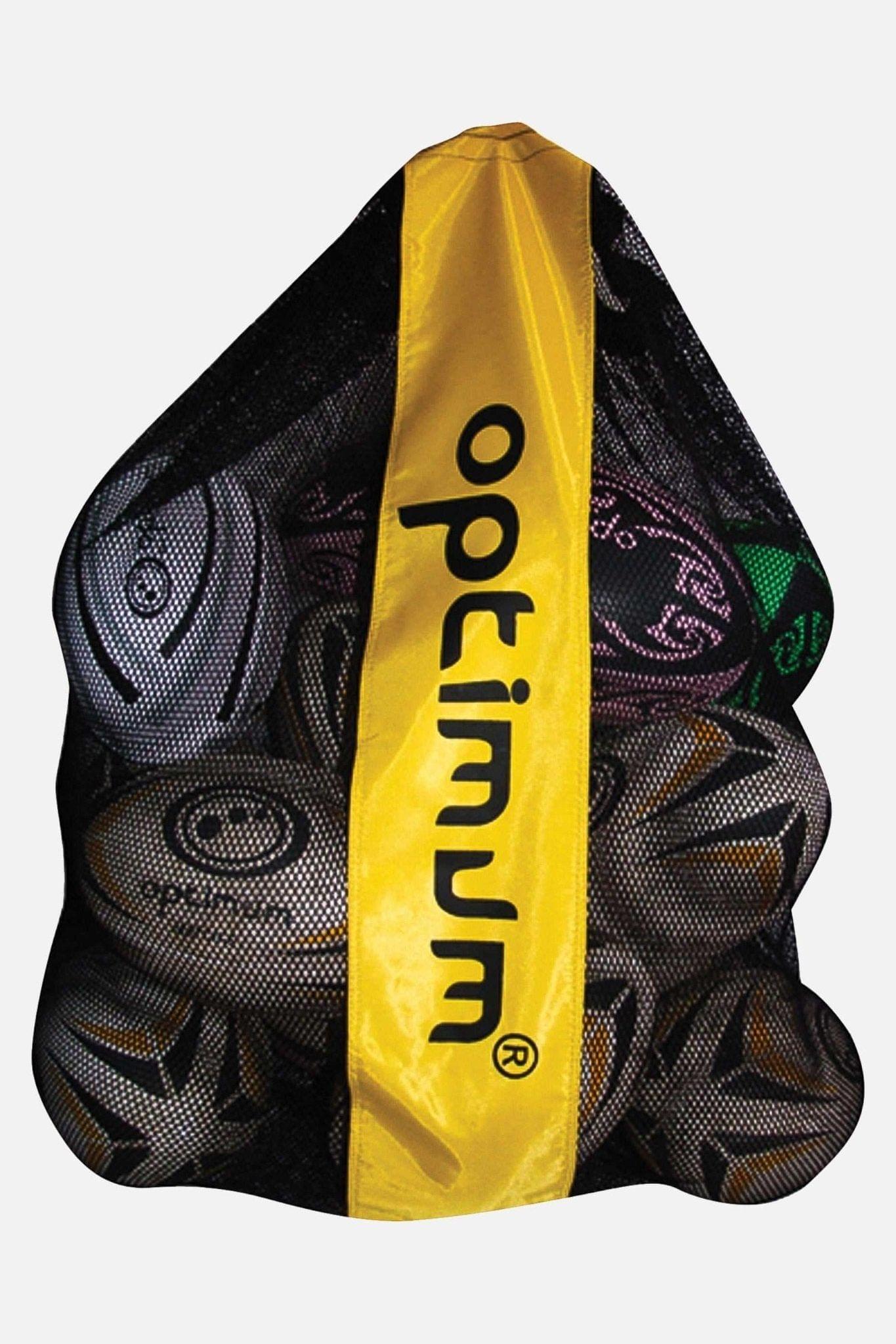 Black mesh Optimum ball carrier bag filled with rugby balls, yellow logo panel, on white - Optimum