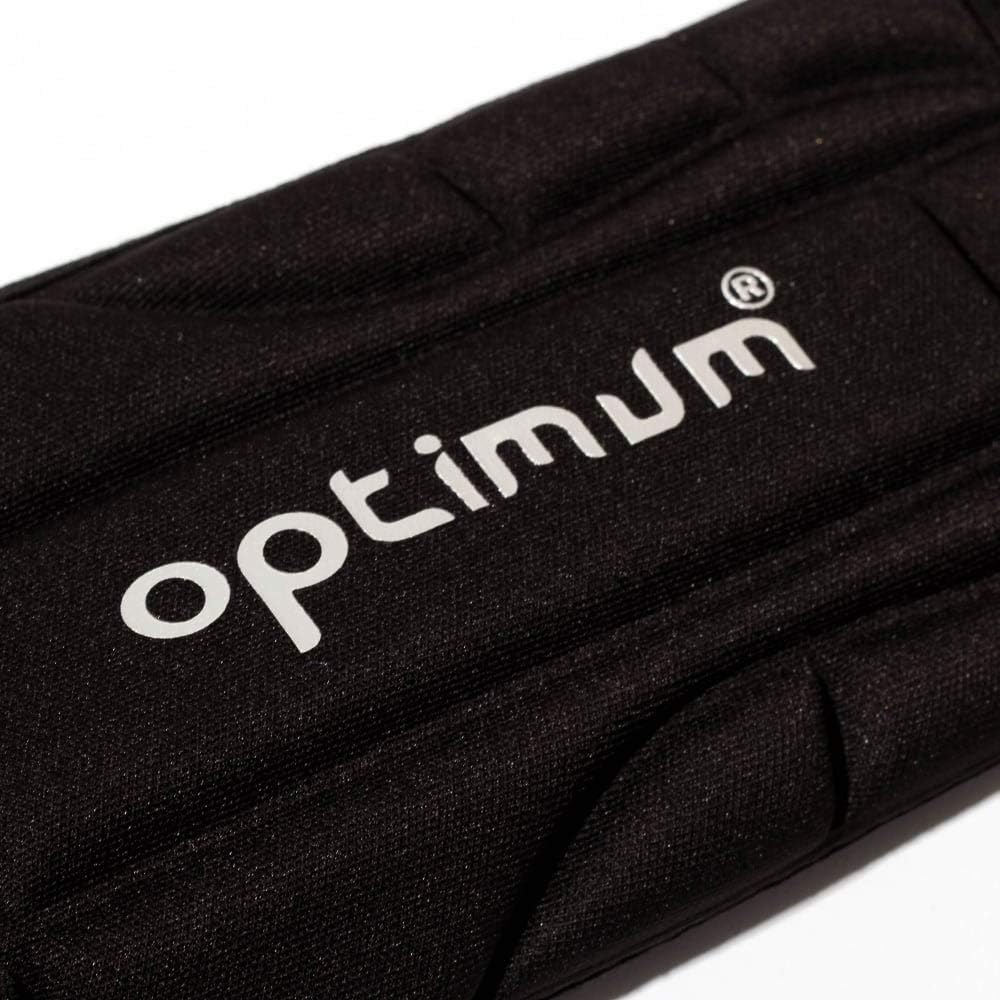Close-up of black Optimum padded elbow and forearm guard with white Optimum logo - Optimum