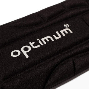 Close-up of black Optimum padded elbow and forearm guard with white Optimum logo - Optimum