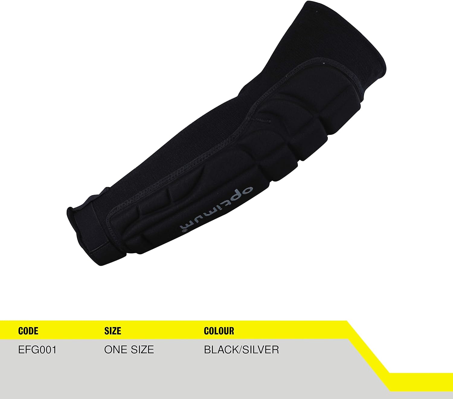 Black Optimum padded forearm guard with product info panel, code EFG001, black and silver - Optimum