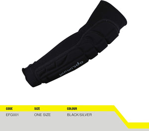 Black Optimum padded forearm guard with product info panel, code EFG001, black and silver - Optimum