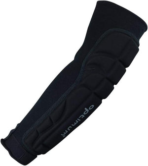 Black Optimum padded elbow and forearm guard sleeve with grey logo, upright on white - Optimum
