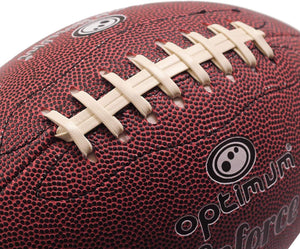 Close-up of maroon Optimum Enforce American football laces and logo - Optimum