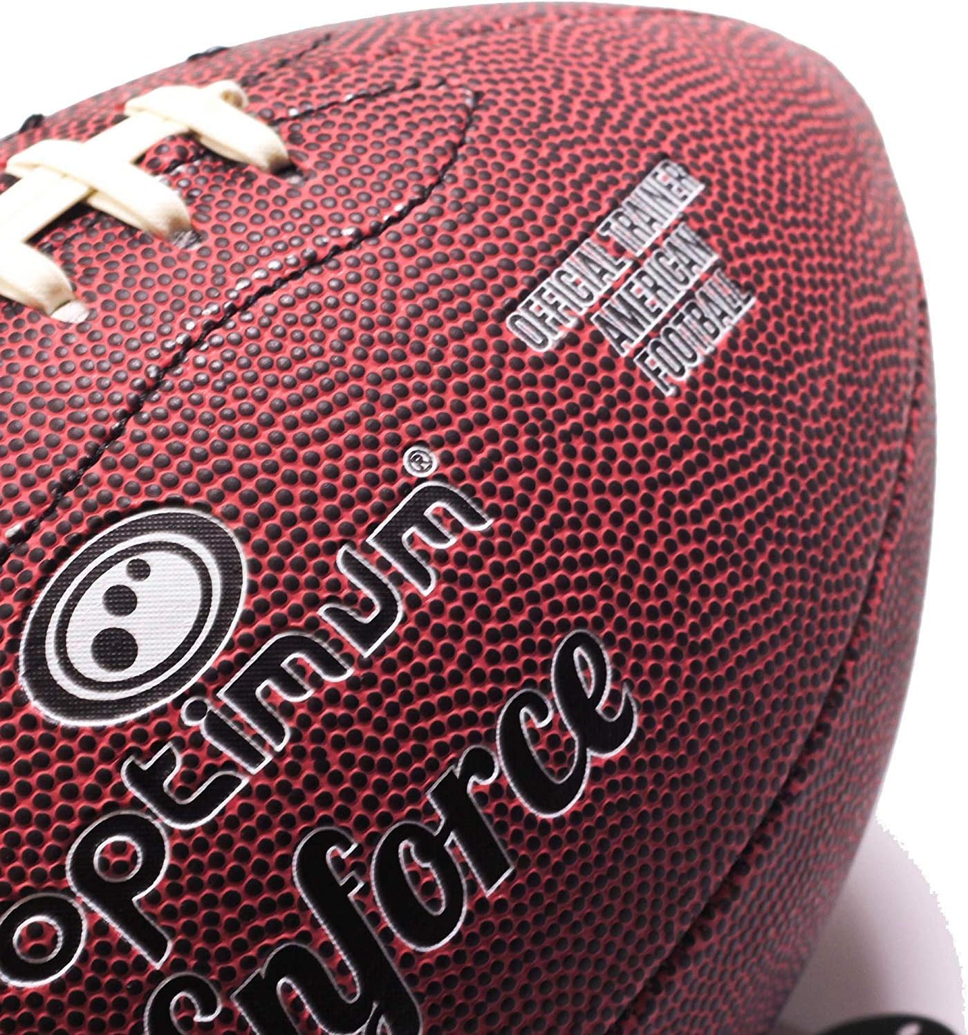 Close-up of maroon Optimum Enforce football with laces and Official Trainer text - Optimum
