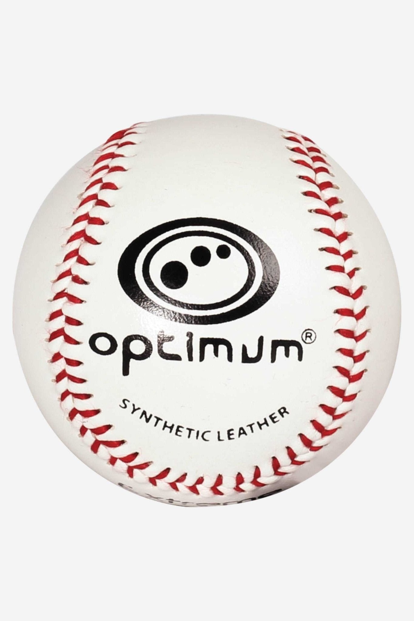 White Optimum baseball with red stitching, black logo and Synthetic Leather text, on white - Optimum