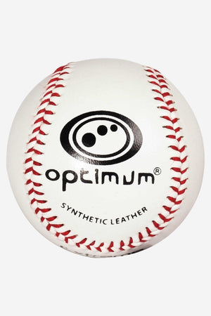 White Optimum baseball with red stitching, black logo and Synthetic Leather text, on white - Optimum