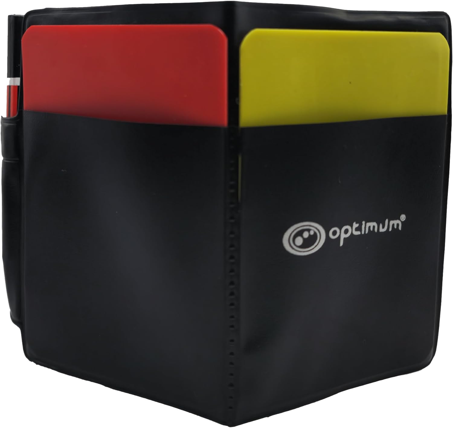 Closed black Optimum referee wallet with red and yellow cards tucked in the top - Optimum