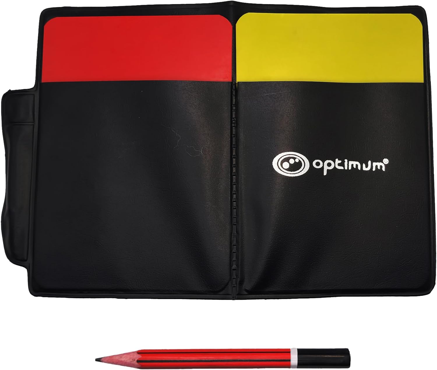 Open black Optimum referee wallet holding red and yellow cards with red pencil - Optimum