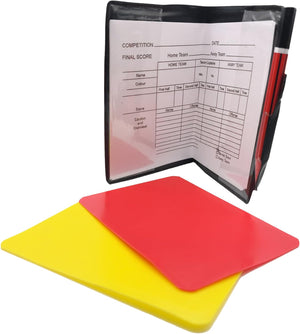 Open referee wallet with match scorecard and pencil, yellow and red cards laid in front - Optimum