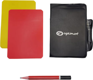 Yellow and red referee cards beside black Optimum wallet and red pencil on white - Optimum