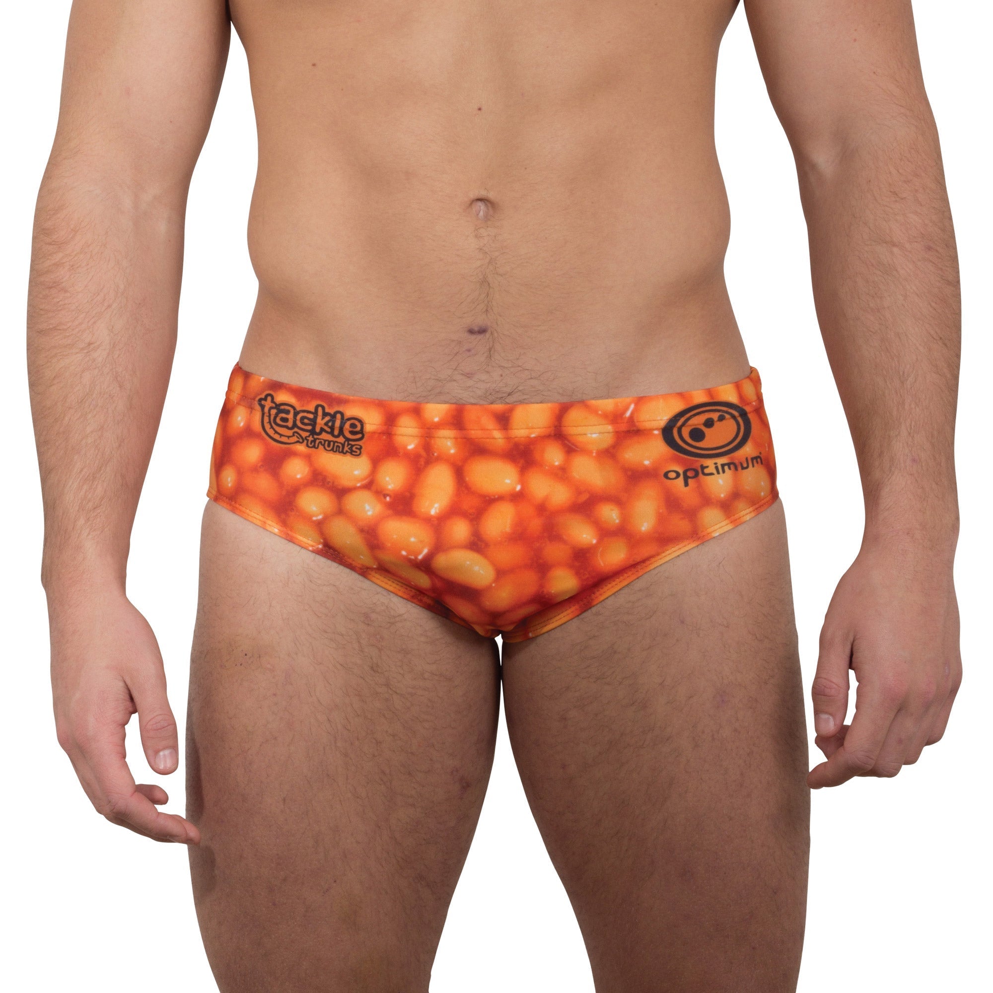 Optimum Tackle Trunks swim brief in orange baked beans print, front view on male model with tackle trunks logo - Optimum