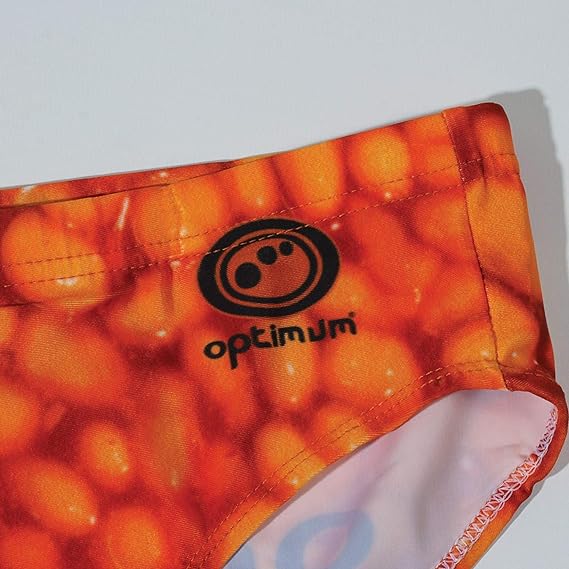 Optimum Tackle Trunks swim brief, close-up of hip with black Optimum logo on orange baked beans print - Optimum