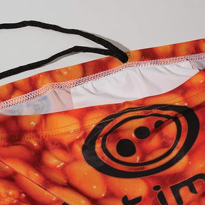 Optimum Tackle Trunks swim brief, close-up of black drawstring and white lining on baked beans print - Optimum