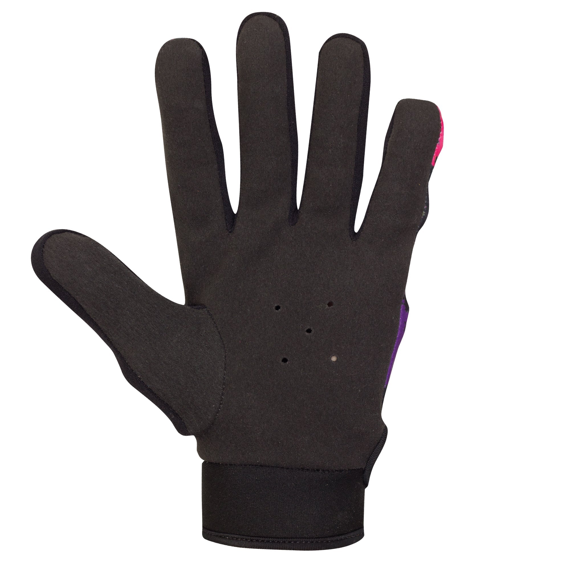 Black Optimum Fusion full-finger hockey glove, plain padded palm with vent holes, palm view on white - Optimum