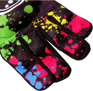 Close-up of Optimum Fusion hockey glove fingers, black with multi-colour paint-splatter print, on white - Optimum