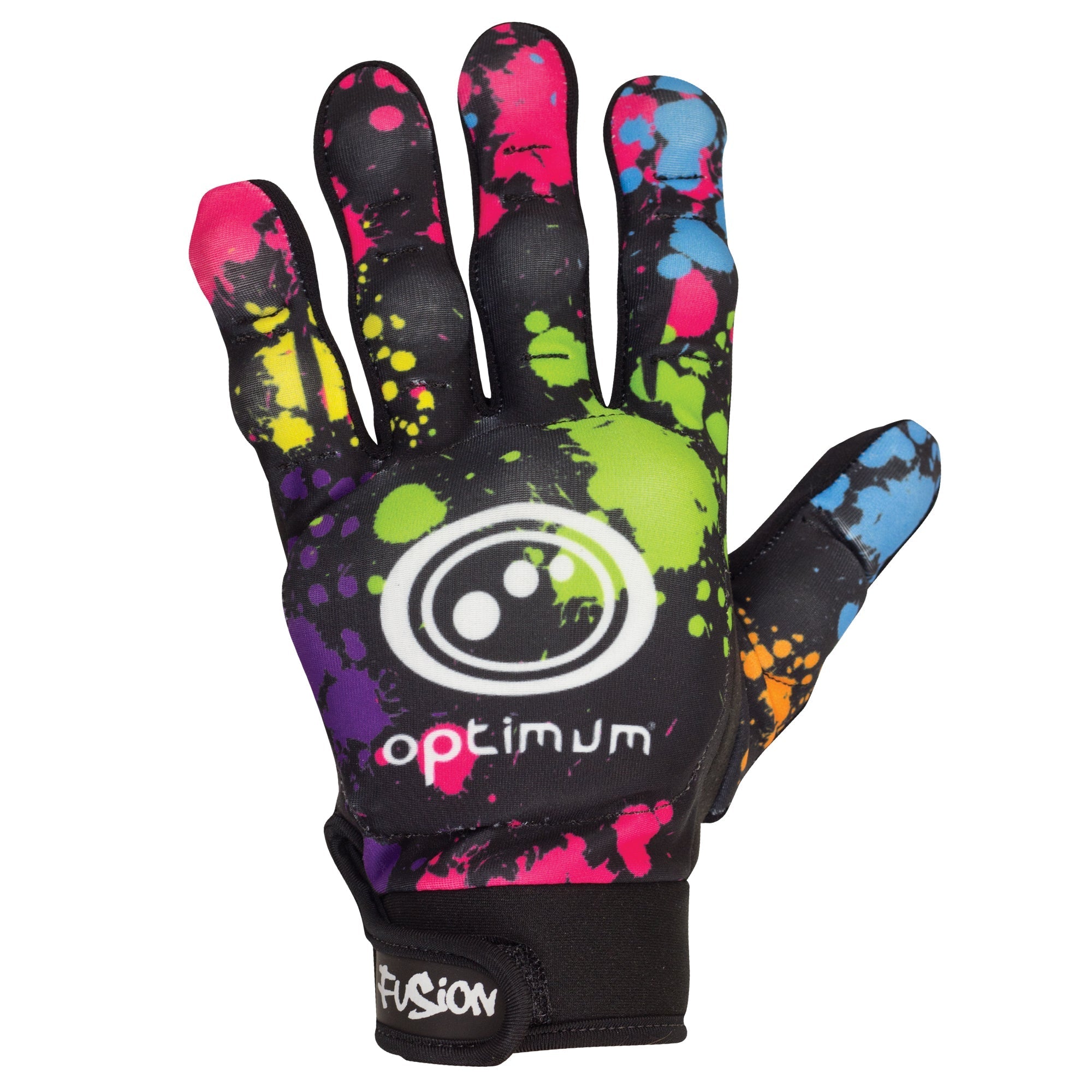 Black Optimum Fusion full-finger hockey glove with multi-colour paint-splatter print and white logo, on white - Optimum