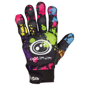Black Optimum Fusion full-finger hockey glove with multi-colour paint-splatter print and white logo, on white - Optimum