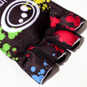 Close-up of black Optimum Fusion half-finger hockey glove with paint-splatter print and white logo, on white - Optimum