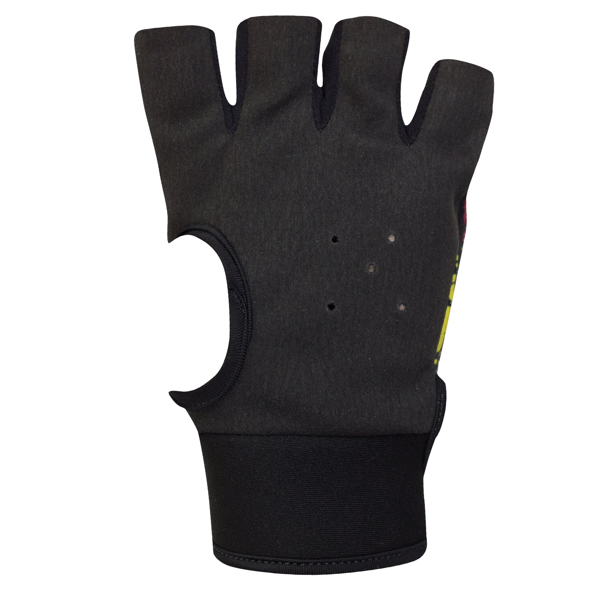 Black Optimum Fusion half-finger hockey glove, plain padded palm with vent holes, palm view on white - Optimum