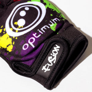 Close-up of black Optimum Fusion half-finger hockey glove with paint-splatter print, white logo and Fusion cuff - Optimum