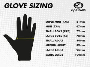 Optimum glove sizing chart with hand silhouette and size measurements from 4XS to Extra Large - Optimum