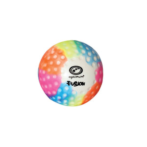 Multi-colour rainbow dimpled Optimum Fusion hockey ball with black logo on white panel, on white - Optimum
