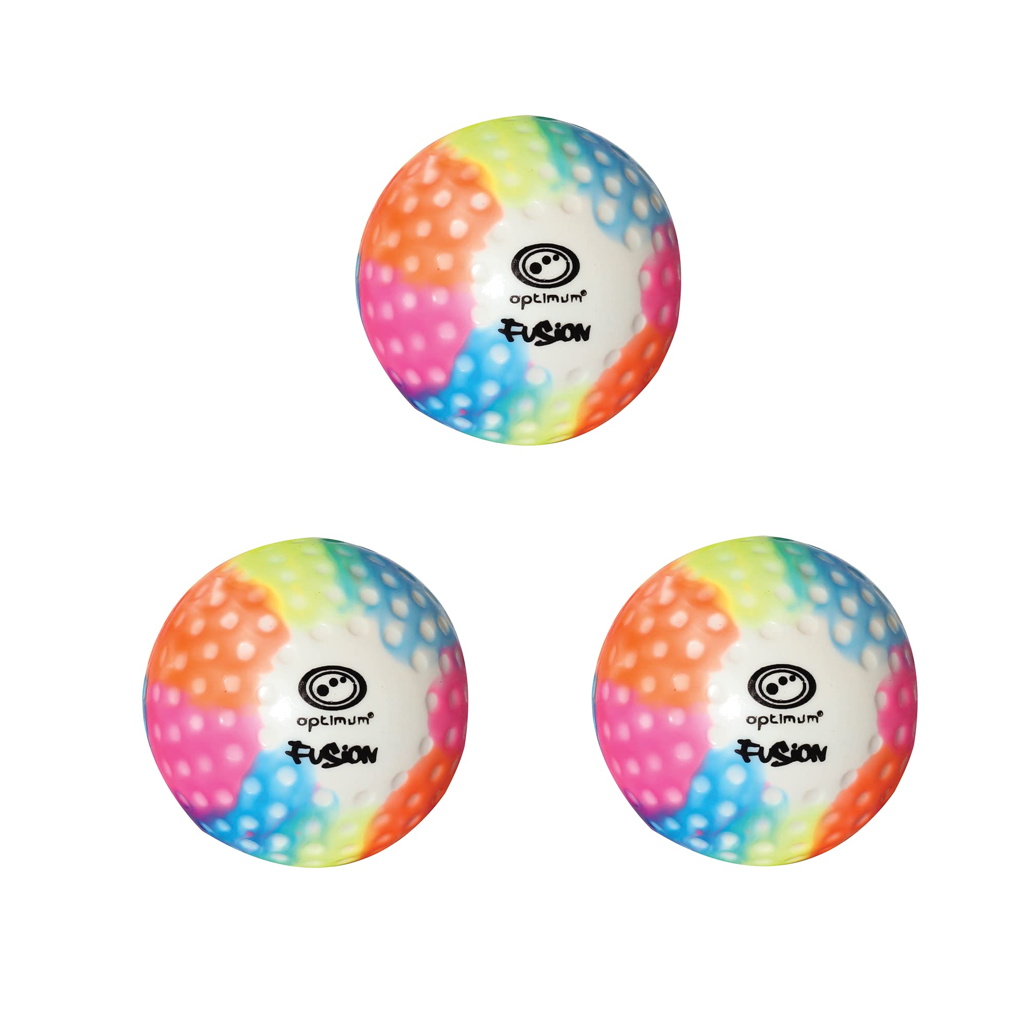 Three multi-colour rainbow dimpled Optimum Fusion hockey balls with black logo, grouped on white - Optimum