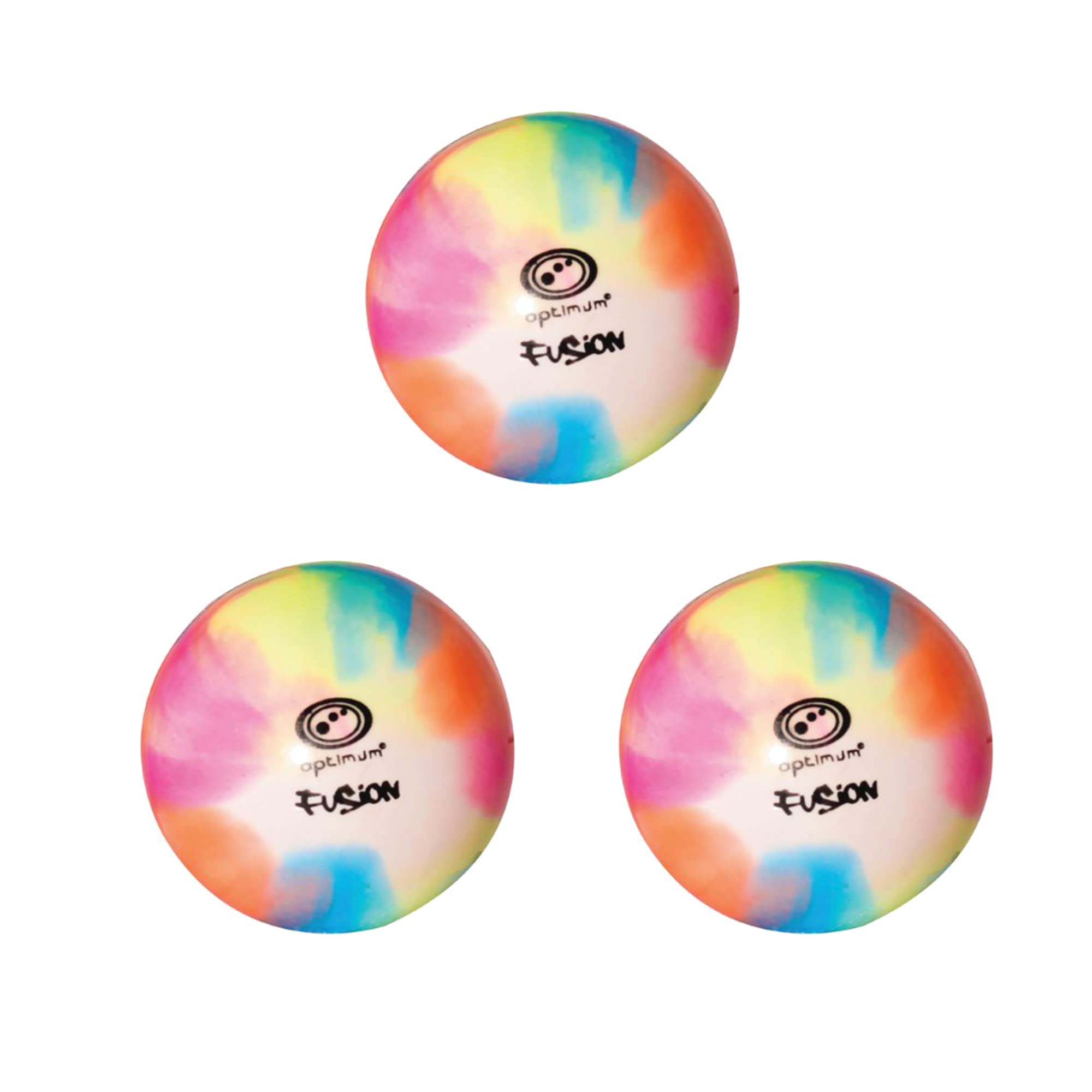 Three multi-colour tie-dye Optimum Fusion hockey balls with black logo, smooth surface, on white - Optimum