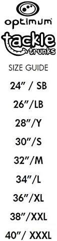 Optimum Tackle Trunks size guide chart with logos listing waist sizes 24in to 40in XXXL on white - Optimum