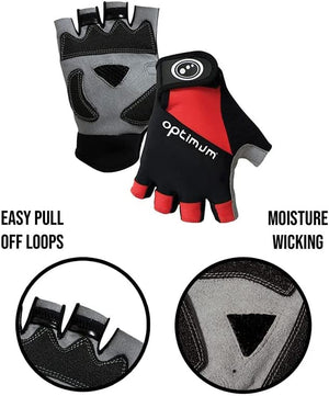 Black and red half-finger cycling gloves infographic with easy pull-off loops and moisture-wicking callouts - Optimum