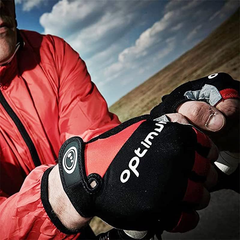 Cyclist wearing black and red half-finger glove with Optimum logo outdoors, red jacket and cloudy sky - Optimum