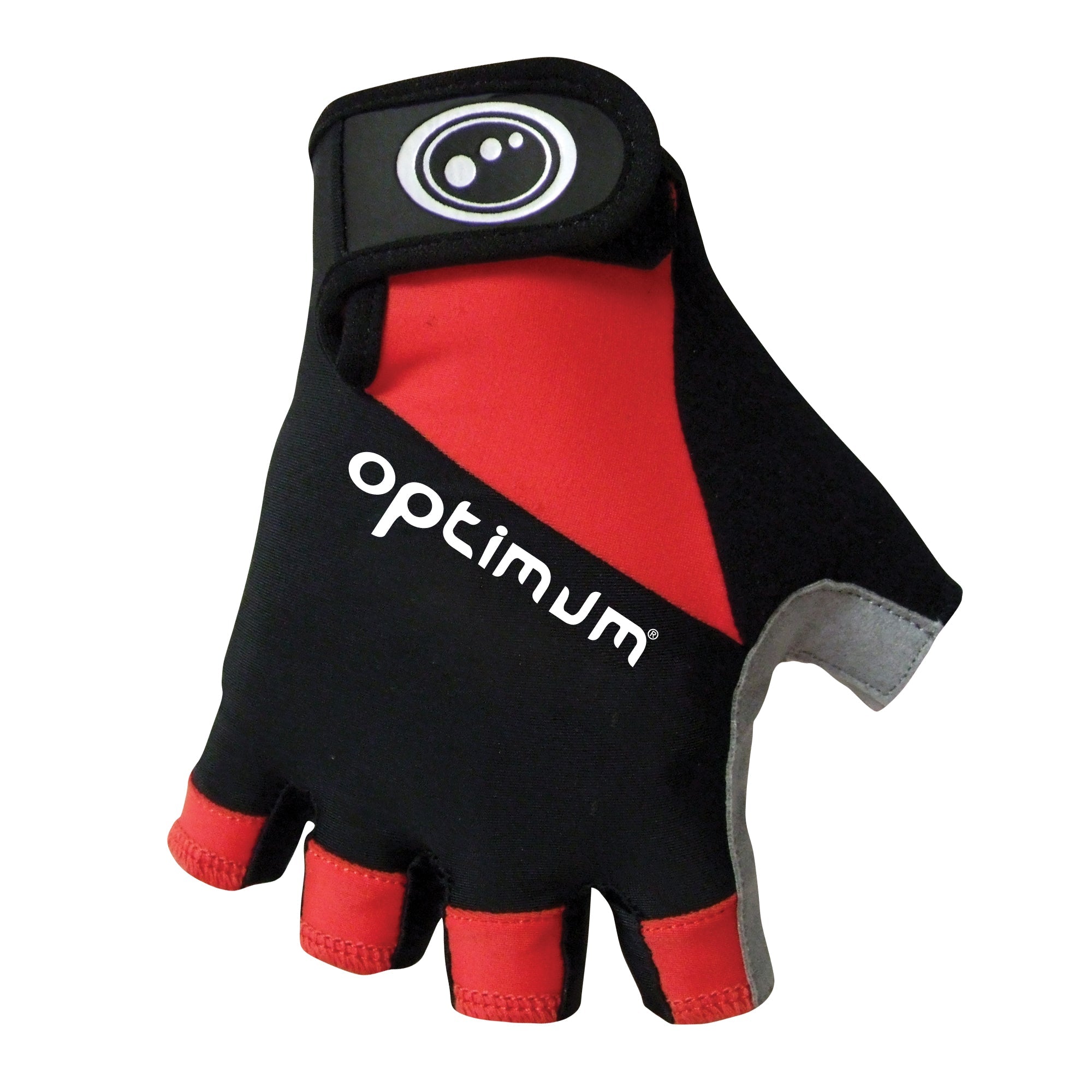 Red and black Hawkley half-finger cycling glove, back view with white Optimum logo and wrist strap - Optimum