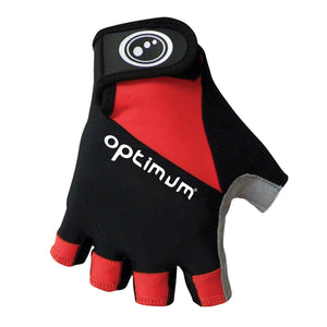 Red and black Hawkley half-finger cycling glove, back view with white Optimum logo and wrist strap - Optimum